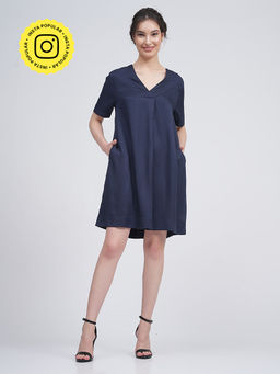 Saltpetre - Women Linen Solid Navy Front Pleat Dress