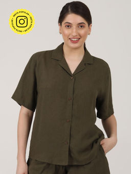 Saltpetre - Women Linen Solid Olive Cuban Collar Shirt