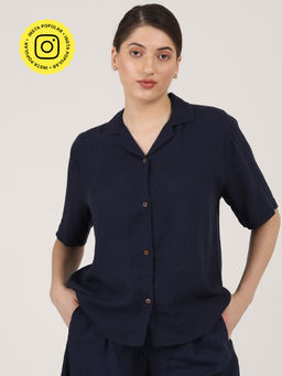 Saltpetre - Women Linen Solid Navy Cuban Collar Shirt