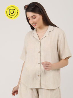 Saltpetre - Women Linen Solid Beige Cuban Collar Shirt