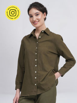 Saltpetre - Women Classic Linen Olive Button Down Shirt
