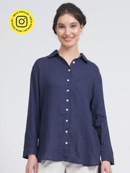Saltpetre - Women Classic Linen Navy Blue Button Down Shirt