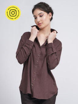 Saltpetre - Women Classic Linen Coffee Brown Button Down Shirt