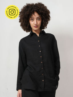 Saltpetre - Women Classic Linen Black Button Down Shirt
