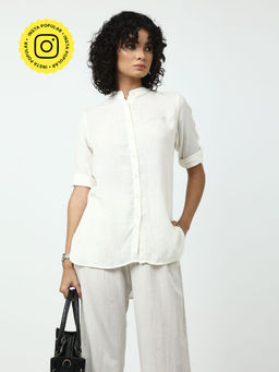Saltpetre - Women Classic Solid Linen Cream Mandarin Shirt