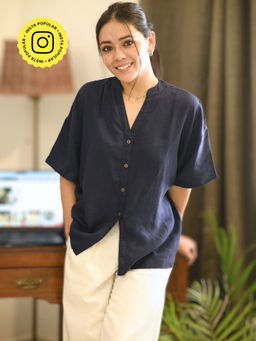 Saltpetre - Women Linen Solid Navy Blue Drop Shoulder Shirt