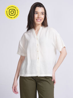 Saltpetre - Women Linen Solid Cream Drop Shoulder Shirt