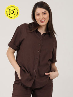 Saltpetre - Women Linen Solid Coffee Brown Short Sleeve Shirt