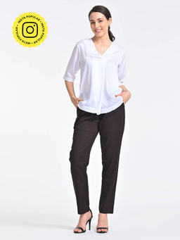 Saltpetre - Women Solid Cream Front Pleat Top With Brown Pant (Set of 2)