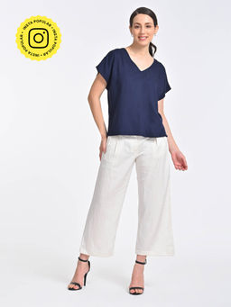 Saltpetre - Women Solid Navy V-Neck Top With Cream Pant (Set of 2)