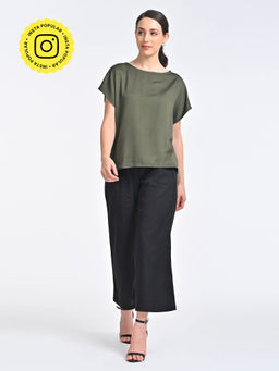 Saltpetre - Women Solid Olive Boat Neck Top With Black Pant (Set of 2)
