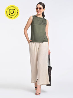 Saltpetre - Women Solid Olive Shell Top With Beige Pant (Set of 2)