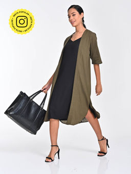 Saltpetre - Women Olive Shrug With Piping And Black Dress (Set of 2)