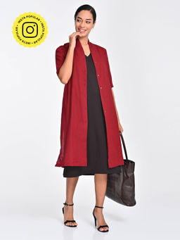 Saltpetre - Women Maroon Solid Draped Neck Shrug With Coffee Midi Dress (Set of 2)