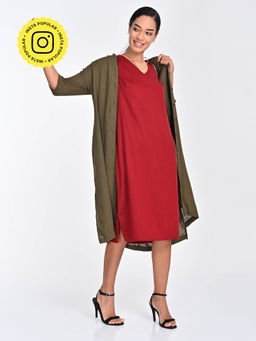Saltpetre - Women Olive Solid Draped Neck Shrug With Maroon Midi Dress (Set of 2)