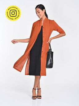 Saltpetre - Women Orange Solid Draped Neck Shrug With Black Midi Dress (Set of 2)