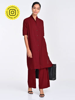 Saltpetre - Women Maroon Solid Co-Ord (Set of 2)