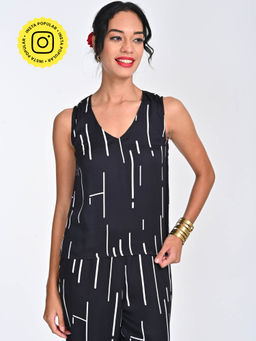 Saltpetre - Women Modal Black Cedar Print V-Neck Sleeveless Top