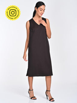 Saltpetre - Women Tencel Solid Coffee Brown Sleeveless Midi Dress