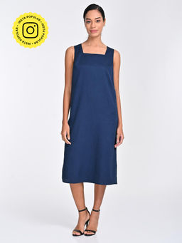 Saltpetre - Women Tencel Solid Navy Blue Square Neck Midi Dress