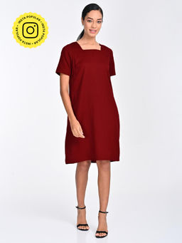 Saltpetre - Women Tencel Solid Maroon Knee Dress