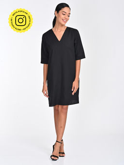 Saltpetre - Women Solid Tencel Black Knee Length Dress