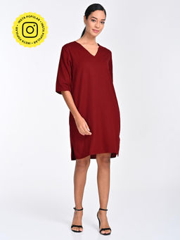 Saltpetre - Women Solid Tencel Maroon Knee Length Dress