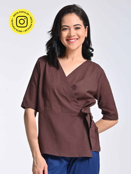 Saltpetre - Brown Organic Cotton Solid Coffee V-Neck Warp Top