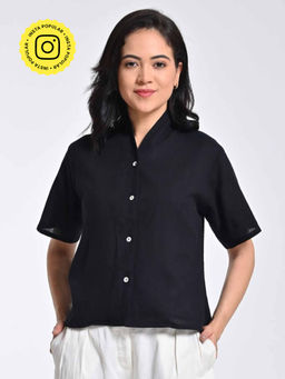 Saltpetre - Black Solid Organic Cotton Wrap Collar Shirt