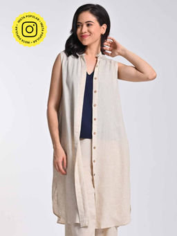 Saltpetre - Solid Beige Mandarin Collar Long Tunic