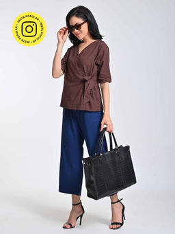 Saltpetre - Solid Coffee Brown V-Neck Top with Wide Leg Pant (Set of 2)