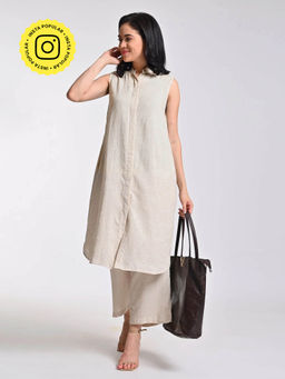 Saltpetre - Women Solid Beige Band Collar Tunic with Wide Leg Pants 2 Piece Set (Set of 2)
