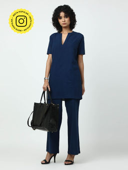 Saltpetre - Women Navy Half Sleeve Split V- Neck Top with Wide Leg Pant 2 Piece Set (Set of 2)