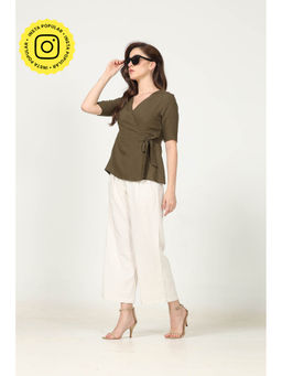Saltpetre - Women Solid Black Half Sleeve Shirt with Cream Wide Leg Pants 2 Piece Set (Set of 2)