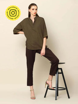 Saltpetre - Women Olive Mandarin Collar Top with Coffee Brown Leg Pant 2 Piece Set (Set of 2)