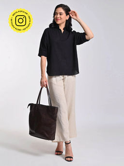 Saltpetre - Women Black Mandarin Collar Top with Beige Leg Pant 2 Piece Set (Set of 2)