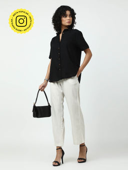 Saltpetre - Women Solid Black Half Sleeve Shirt with Cream Wide Leg Pants 2 Piece Set (Set of 2)