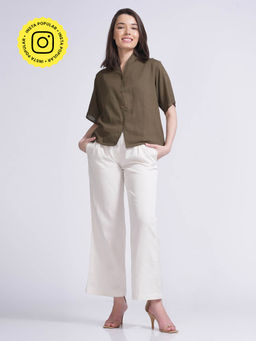 Saltpetre - Women Solid Olive Wrap Collar Shirt with Wide Leg Pants 2 Piece Set (Set of 2)