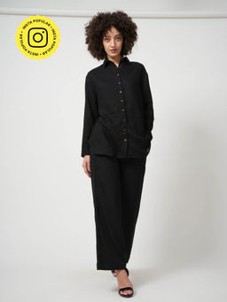 Saltpetre - Women Black Relaxed Button Down Shirt with Wide Leg Pant 2 Piece Set (Set of 2)