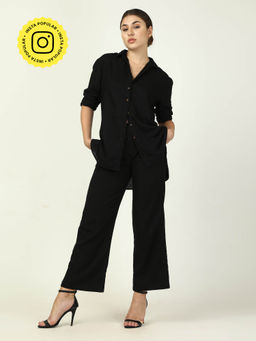 Saltpetre - Women Linen Black Relaxed Button Down Shirt with Pant (Set of 2)