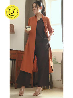 Saltpetre - Women Orange Overlay and Coffee Brown Slip Top with Pant 3 Piece Set (Set of 3)