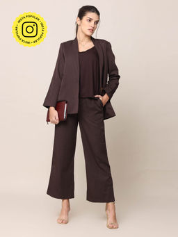 Saltpetre - Women Coffee Brown Blazer with Slip Top and Wide Leg Pant Co-Ord Set (Set of 3)