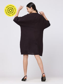 Saltpetre - Women Organic Cotton Solid Coffee Brown Mandarin Collar Kimono Dress