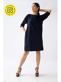Saltpetre - Women Tencel Navy Boat Neck Straight Fit Dress