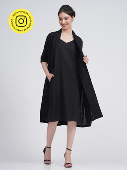 Saltpetre - Women Solid Black Drapey Long Shirt with Midi Length Dress 2 Piece Set (Set of 2)