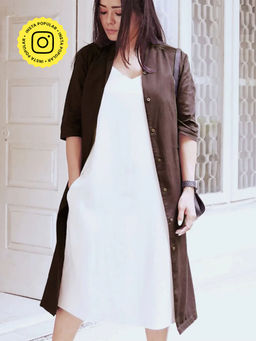 Saltpetre - Women Coffee Brown Drapey Overlay with Cream Midi Dress (Set of 2)