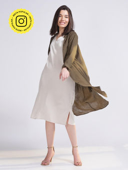 Saltpetre - Women Olive Mandarin Collar Overlay with Cream Dress (Set of 2)