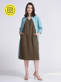 Saltpetre - Blue Mandarin Collar Overlay with Olive Sleeveless Dress 2 Piece Set (Set of 2)