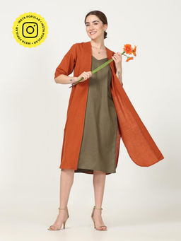 Saltpetre - Women Olive V-Neck Dress with Orange Open Neck 2 Piece Set (Set of 2)