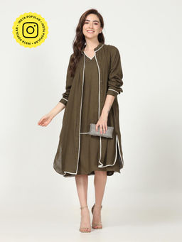 Saltpetre - Women Olive with Cream Piping Overlay with Sleeveless Dress Co-Ord Set (Set of 2)